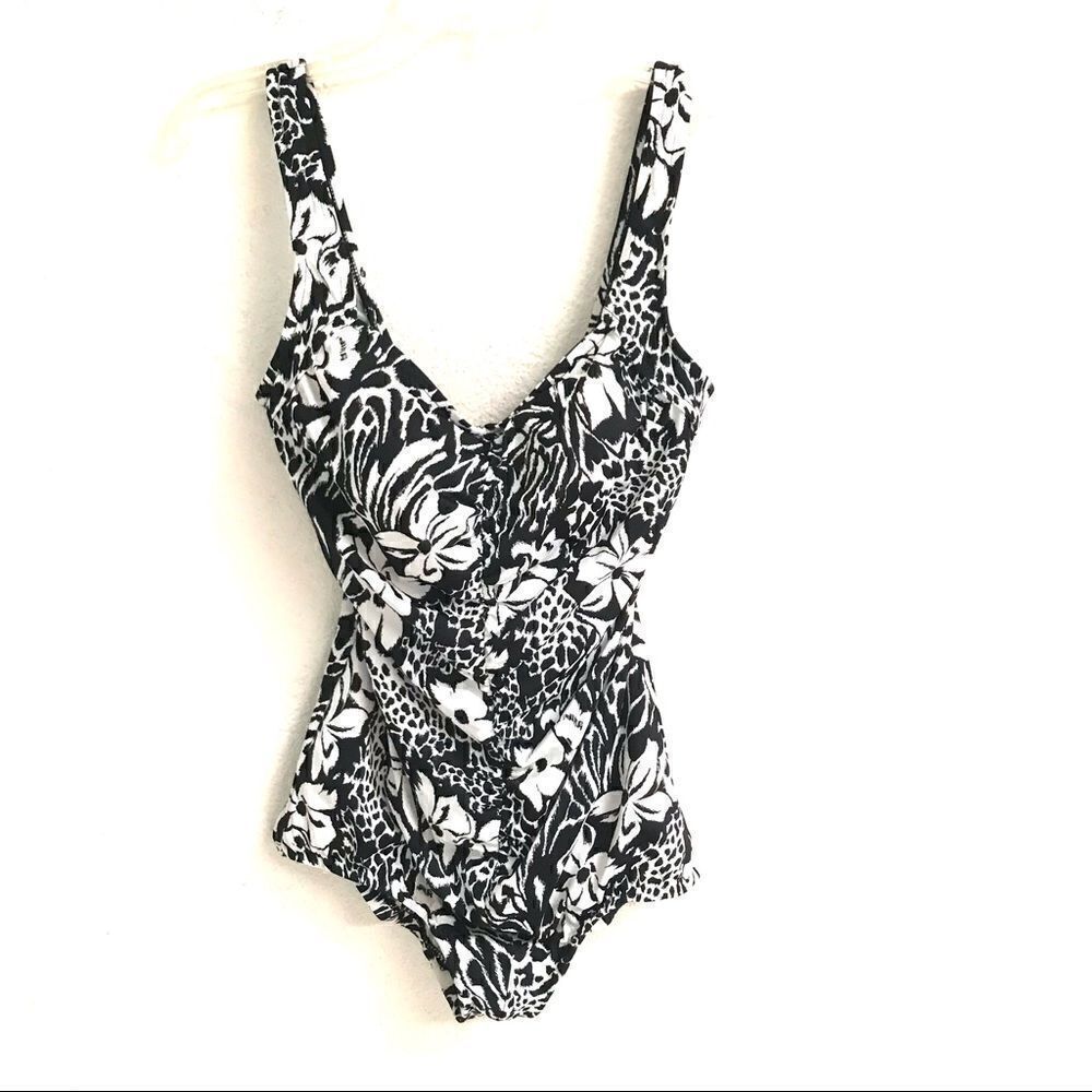 Maxine of Hollywood black & white animal/floral print one piece bathing suit 12‎